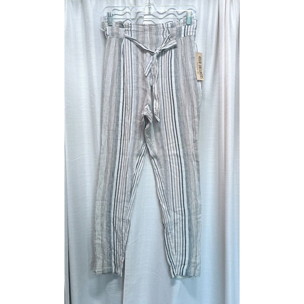 4our Dreamers Women's XS Paperbag Waist Striped Linen Cotton Pants Beach Coastal
